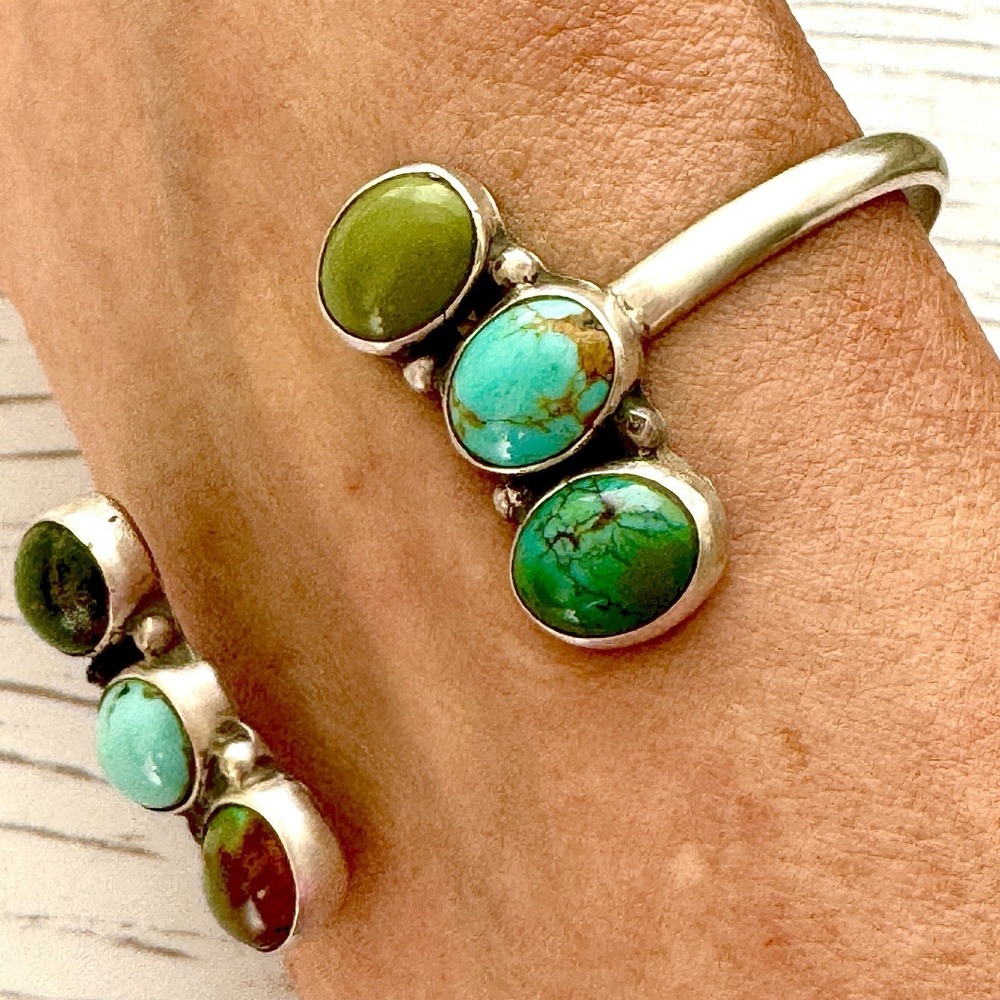 Mixed Turquoise Navajo Reverse Cuff Bracelet 6.5in Signed James 14g Sterling USA - Picture 2 of 9